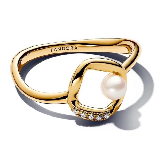 PANDORA womens ring, size 56, with small pearl, gold and white, elegant jewelry ring