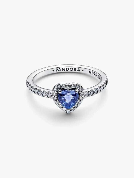 Pandora Ring Größe 48, Herzring mit erhabenem Muster, Silber und Blau, funkelnd, elegantes Design