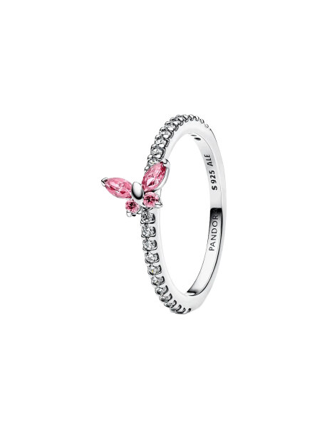PANDORA Ring Größe 50, Schmetterling-Design, Silber mit pinken Akzenten, funkelnd, eleganter Schmuck