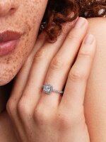 Pandora Ring Größe 50, Silberner quadratischer Halo-Ring mit funkelnden Steinen, eleganter Schmuck