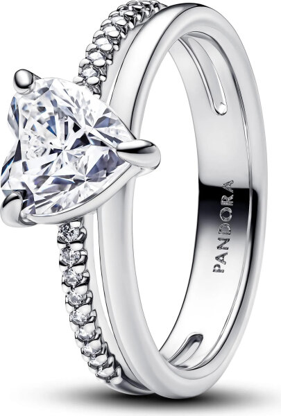 Pandora Double Band Heart Ring Silver, Size 54, elegant womens ring with heart design