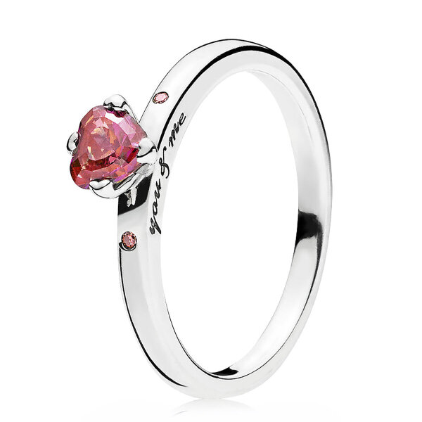 Pandora ring size 50, You and Me heart design, sparkling red stone, silver with pink accents