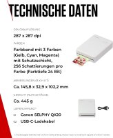 Canon SELPHY QX20 mobile photo printer, Wi-Fi, dye-sublimation printing, 2 sticker paper sizes, USB-C charging, white, without ribbon/paper