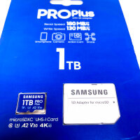 Samsung Pro Plus MB-MD1T0SA/EU microSD-Karte 1 TB UHS-I, Full HD & 4K UHD, 180 MB/s Lesen, 130 MB/s Schreiben, inkl. SD-Adapter