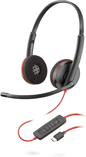 Plantronics Blackwire C3220 On-Ear Headset with USB-C & 3.5mm jack, noise cancellation, Soundguard, flexible microphone, black-red