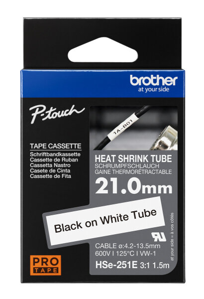 Brother P-touch HSe-251E Schriftbandkassette 21 mm schwarz auf weiß, 1,5 m, VW-1, 600V, PRO TAPE