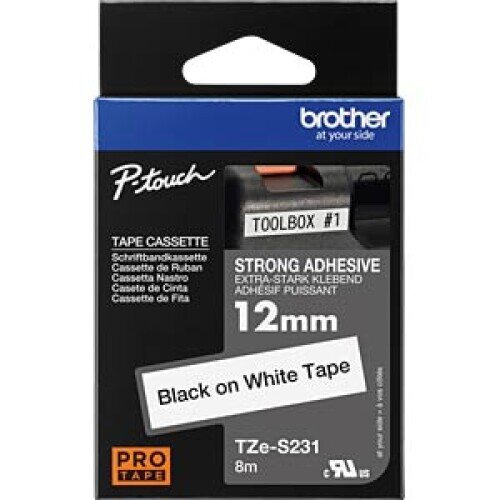 Brother P-touch TZe-S231 Label Tape Cassette 12 mm Black on White, 8 m, Durable PRO TAPE