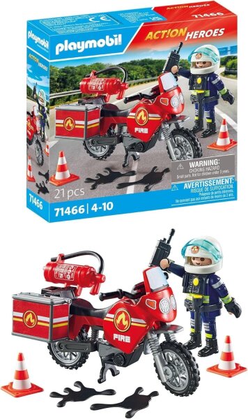 PLAYMOBIL 71466 Action Heroes Feuerwehr-Motorrad, 21-teilig, für Kinder 4-10 Jahre, schnelles Einsatzfahrzeug