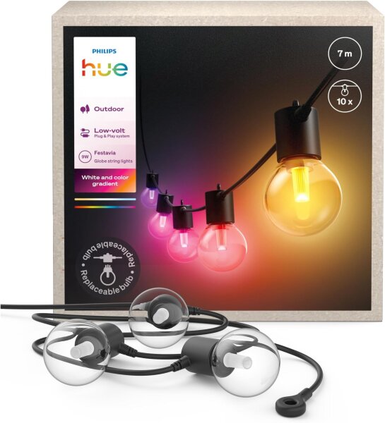 Philips Hue Festavia Globe 7m LED string lights, 10 globes, White & Colour Ambiance, dimmable, Zigbee, Wi-Fi, Matter Smart Control