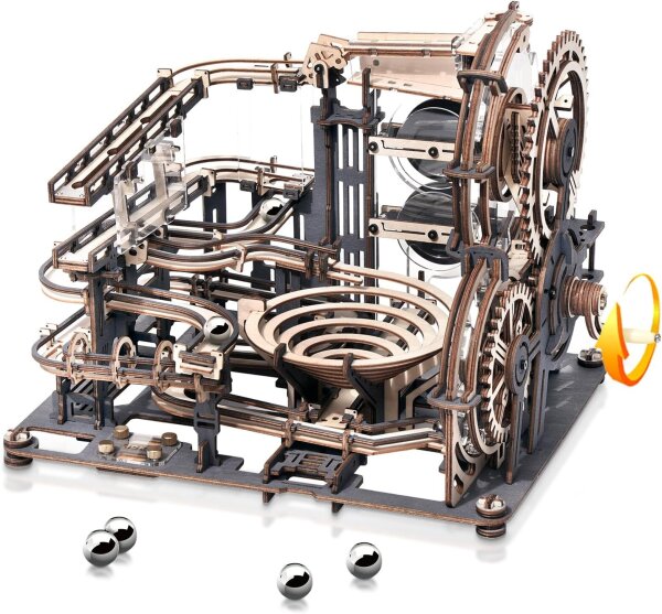 ROKR Robotime LGA01 3D Wooden Puzzle Marble Run with Gear Drive and Acrylic Stand, 10 Steel Balls, Model Kit for Adults Ages 14 and Up