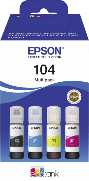 Epson 104 Multipack Refill Ink 4x65ml Black Cyan Yellow Magenta compatible with ET-1800 series and other models