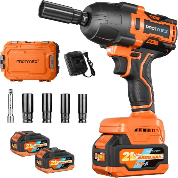 Protmex 21V Brushless Akku-Schlagschrauber 1/2 Zoll 1200 Nm 900 ft-lbs 2x4,0 Ah variabel Orange/Schwarz