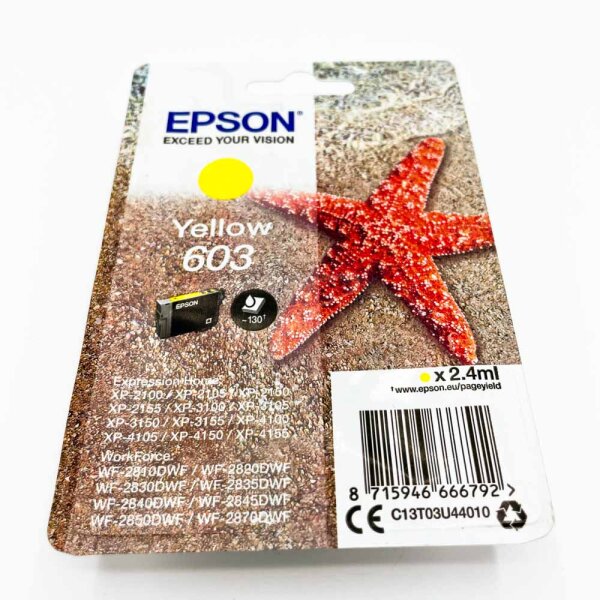 Epson 603 C13T03U44010 Gelb Druckerpatrone 2,4 ml, ca. 130 Seiten, kompatibel mit Epson XP-2100 bis WF-2870DWF Serien