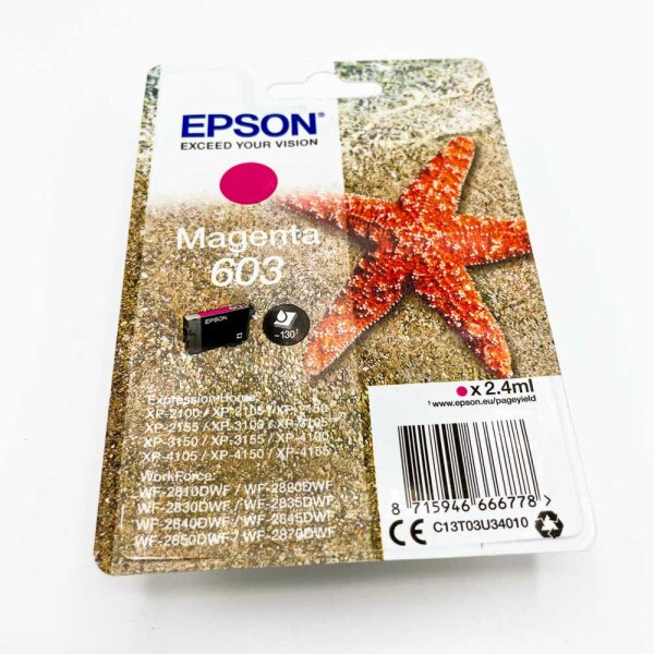 Epson 603 C13T03U34010 Magenta Ink Cartridge 2.4 ml, approx. 130 pages, compatible with XP-2100 to WF-2870DWF series