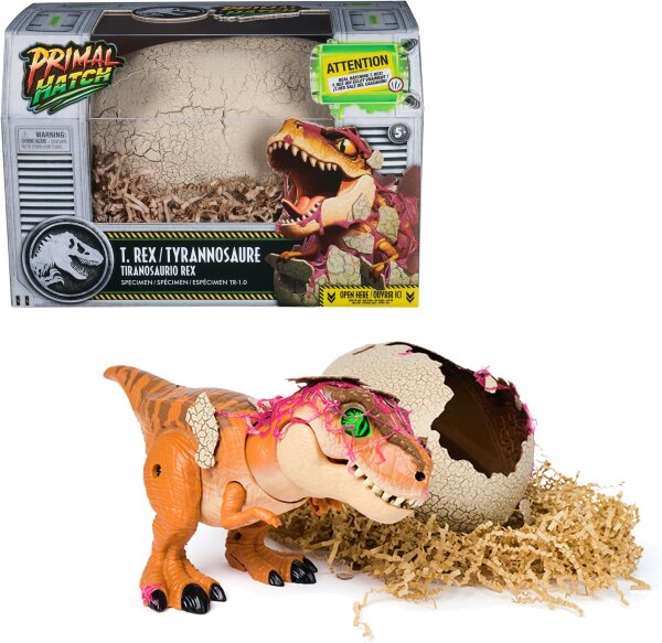 Primal Hatch Jurassic World T-Rex im Ei 30 cm interaktives Dinosaurier-Spielzeug mit 100+ Sounds, Clicker, Batterien, ab 5 Jahren