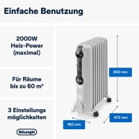 De’Longhi TRRS0920 Ölradiator 2000 W, 9 Rippen, 3 Heizstufen, Thermostat, Rollen, für ca. 24 m², Weiß, 230 V