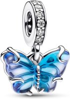 Pandora Schmetterlingsanhänger aus blauem Muranoglas, Sterlingsilber Armband mit funkelnder Pavé-Zirkonia-Fassung