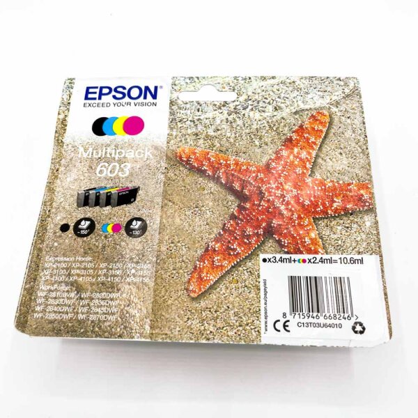 Epson 603 Multipack Ink Cartridges 4 Colors 10.6 ml Black Cyan Magenta Yellow for XP-2100 XP-3100 XP-4100 WF-2810DWF