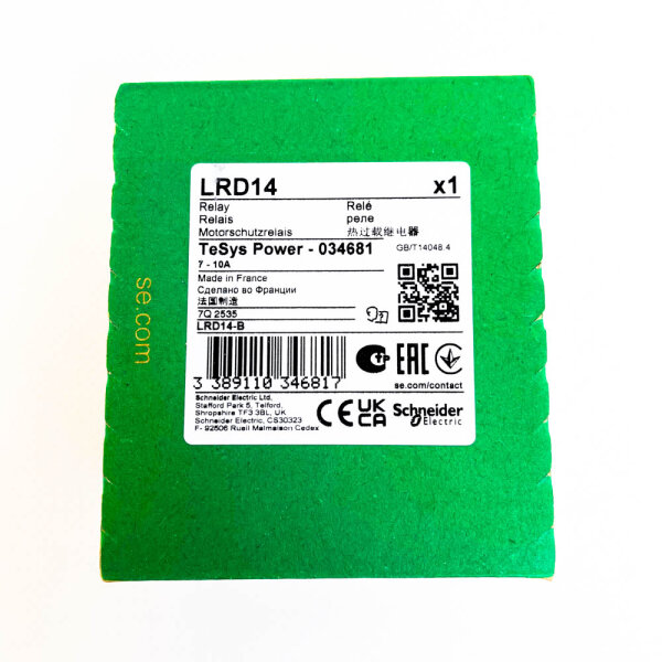 Schneider Electric LRD14, 7–10A, TeSys Power, safety relay, overload protection, model 034681
