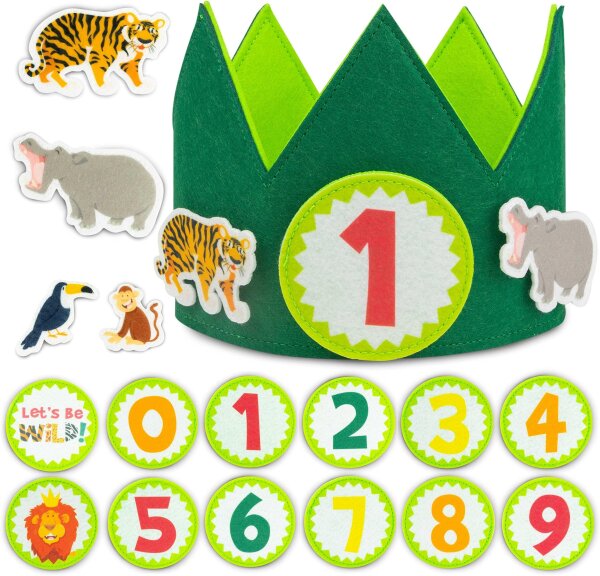 BONNYCO Jungle Animal Birthday Crown, Felt Crown for Children, with Interchangeable Numbers 0-9, Animal Motifs, Adjustable
