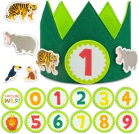 BONNYCO Jungle Animal Birthday Crown, Felt Crown for Children, with Interchangeable Numbers 0-9, Animal Motifs, Adjustable