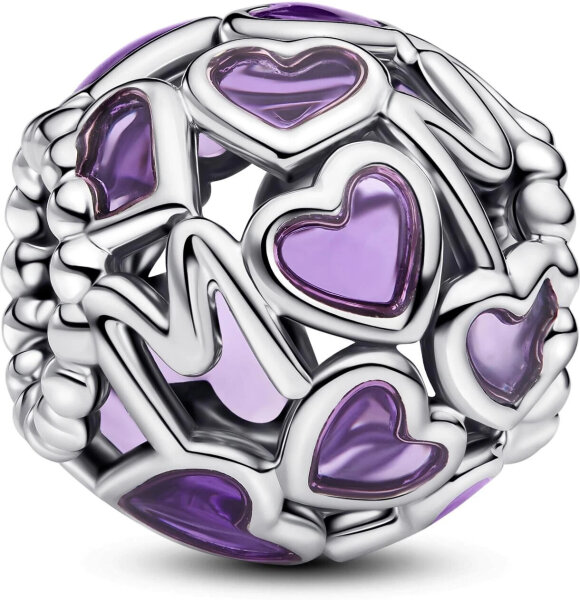 Pandora Moments 793772C01 Charm, Sterling Silver, Purple Heart, "Mum" lettering, Open, Pendant for Moments Bracelets