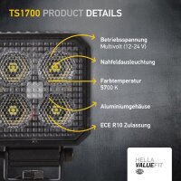 Hella Valuefit TS1700 LED work light, 24W, 1700lm, 10–30V, IP67/IP6K9K, 5700K, 800mm cable