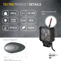 Hella Valuefit TS1700 LED work light, 24W, 1700lm, 10–30V, IP67/IP6K9K, 5700K, 800mm cable