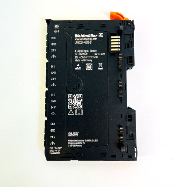 Weidmüller UR20-4DI-P digital input module, 4 channels, 24V DC, slimline, compact, DIN rail mounting