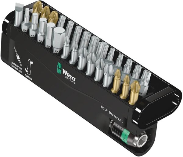 Wera Bit-Check 30 Universal 1, 30-piece bit set, Rapidaptor, Torsion, PH/PZ/TX/Hex, compact