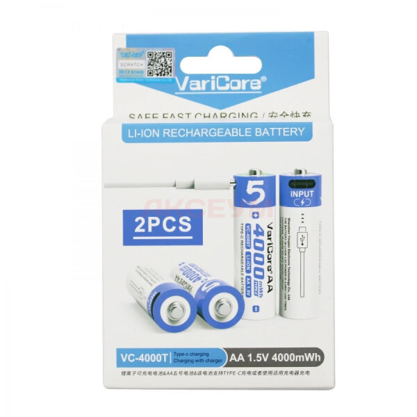 Varicore VC-4000T Li-ion battery AA 1.5 V 4000 mWh USB-C rechargeable 2 pieces with charging cable up to 1200 charging cycles