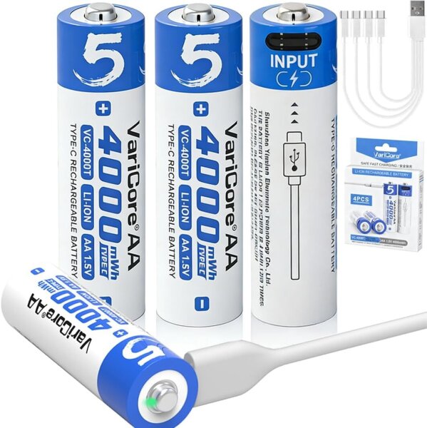 VariCore VC-4000T Li-ion batteries AA 1.5 V 4000 mWh 4-pack with USB-C fast charging up to 1200 cycles incl. charging cable