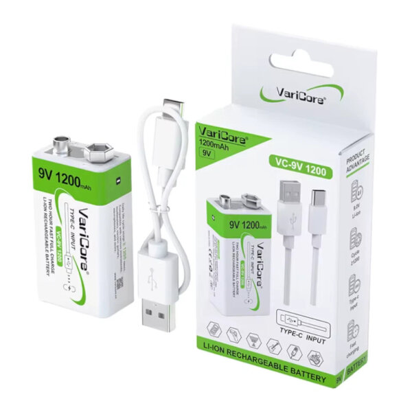 Varicore VC-9V Li-Ion battery 9V 1200mAh rechargeable with USB-C quick charge function