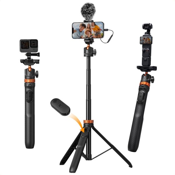 K&F Concept MS-08 Selfie-Stick-Stativ 2-in-1, 158 cm, Handyhalterung, kompatibel mit iPhone & Android, schwarz/orange