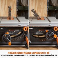 Evolution R255TBLX+ table saw, 1800 W, multi-material saw blade, 87 mm cutting depth, 45° bevel, +/-60° miter, for wood/metal/plastic