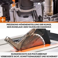 Evolution R255TBLX+ table saw, 1800 W, multi-material saw blade, 87 mm cutting depth, 45° bevel, +/-60° miter, for wood/metal/plastic
