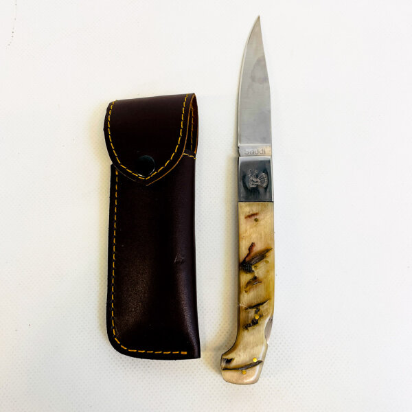 Saddi Outdoor-Klappmesser, helle Griffschale, inklusive Lederscheide, robustes Taschenmesser für Camping und Freizeit