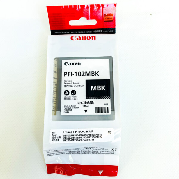Canon LUCIA PFI-102 MBK Tintentank, Pigment-Mattschwarz, 130 ml, kompatibel mit imagePROGRAF iPF 500/600/700/710/610, LP 17/24