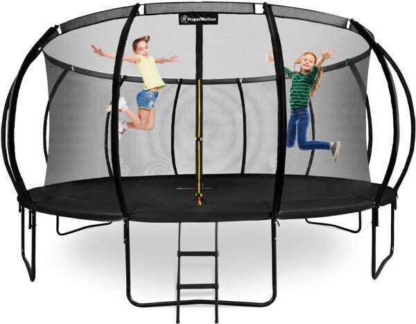 HyperMotion Kindertrampolin 16FT, rund, Ø 434 cm, bis 150 kg, Sicherheitsnetz innen, Leiter, 108 Federn, Stahlrahmen, Schwarz