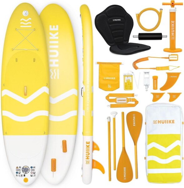 HUIIKE Enjoyer Yellow SUP Board 305x84x15cm, aufblasbar, bis 130kg, inkl. Paddel, Pumpe, Kajaksitz, Rucksack, Leash, 5L Drybag