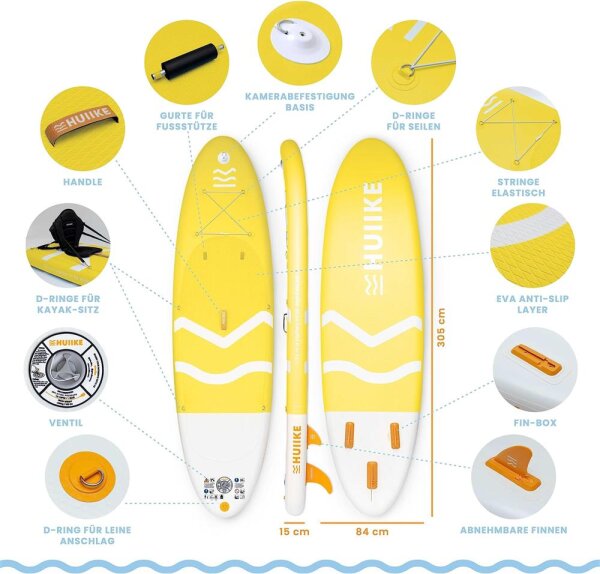 HUIIKE Enjoyer Yellow SUP Board 305x84x15cm, aufblasbar, bis 130kg, inkl. Paddel, Pumpe, Kajaksitz, Rucksack, Leash, 5L Drybag