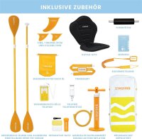 HUIIKE Enjoyer Yellow SUP Board 305x84x15cm, aufblasbar, bis 130kg, inkl. Paddel, Pumpe, Kajaksitz, Rucksack, Leash, 5L Drybag