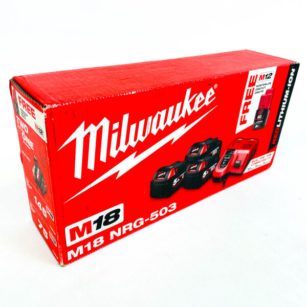 Milwaukee M18 NRG-503 Battery Set, 18V, 3x 5Ah M18 batteries, 1x 2Ah M12 battery, fast charger, Li-Ion, 270Wh, delivery