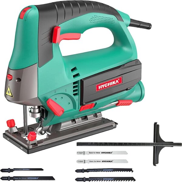 HYCHIKA M1Q-DU03-110 Stichsäge 800W, 110mm Holz, 800-3000SPM, Laser, 6 Sägeblätter, Gehrungsschnitt -45° bis 45°