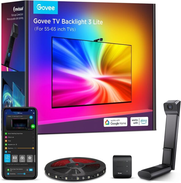 Govee H6099 TV-LED-Strip 3,6m, RGBICW, Kamera, Fish-Eye-Korrektur, App/Sprachsteuerung, Sync, für 55–65 Zoll TVs