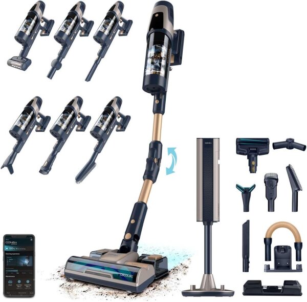 Cecotec Conga Rockstar RZ90 AI, cordless vacuum cleaner, 310 AW, 850 W, self-emptying base, AI, app, flexible tube, 110 min runtime, pet brush, mopping function