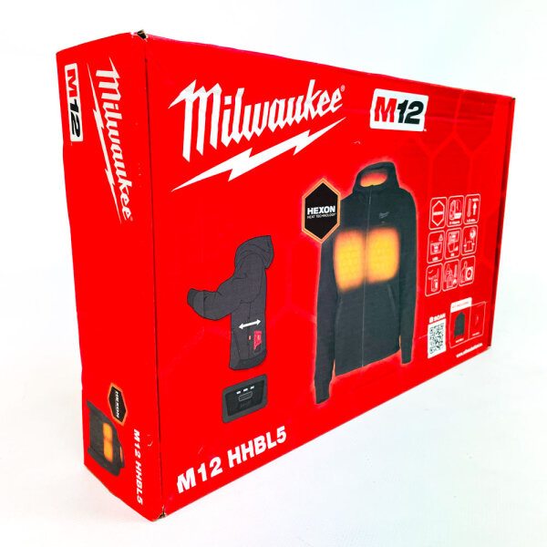 Milwaukee M12 HHBL5-0 (L) Mens Cordless Heated Hoodie, 12V, Size L, Black, 3 Heat Settings, Washable