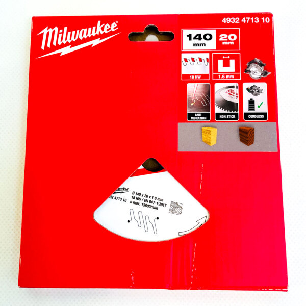 Milwaukee 4932471310 Circular Saw Blade 140x20x1.6mm 18T HW, Wood, Anti-Vibration, Non-Stick, Cordless, 13600 RPM
