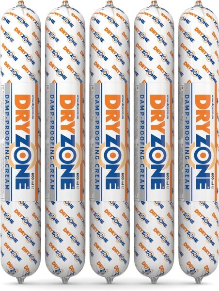 Dryzone 5x600ml Injektionscreme, Horizontalsperre gegen aufsteigende Feuchtigkeit, feuchte Wände, einfache Anwendung
