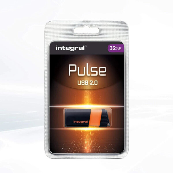 Integral Pulse USB flash drive 32GB, USB 2.0, black-orange, compact, fast data transfer